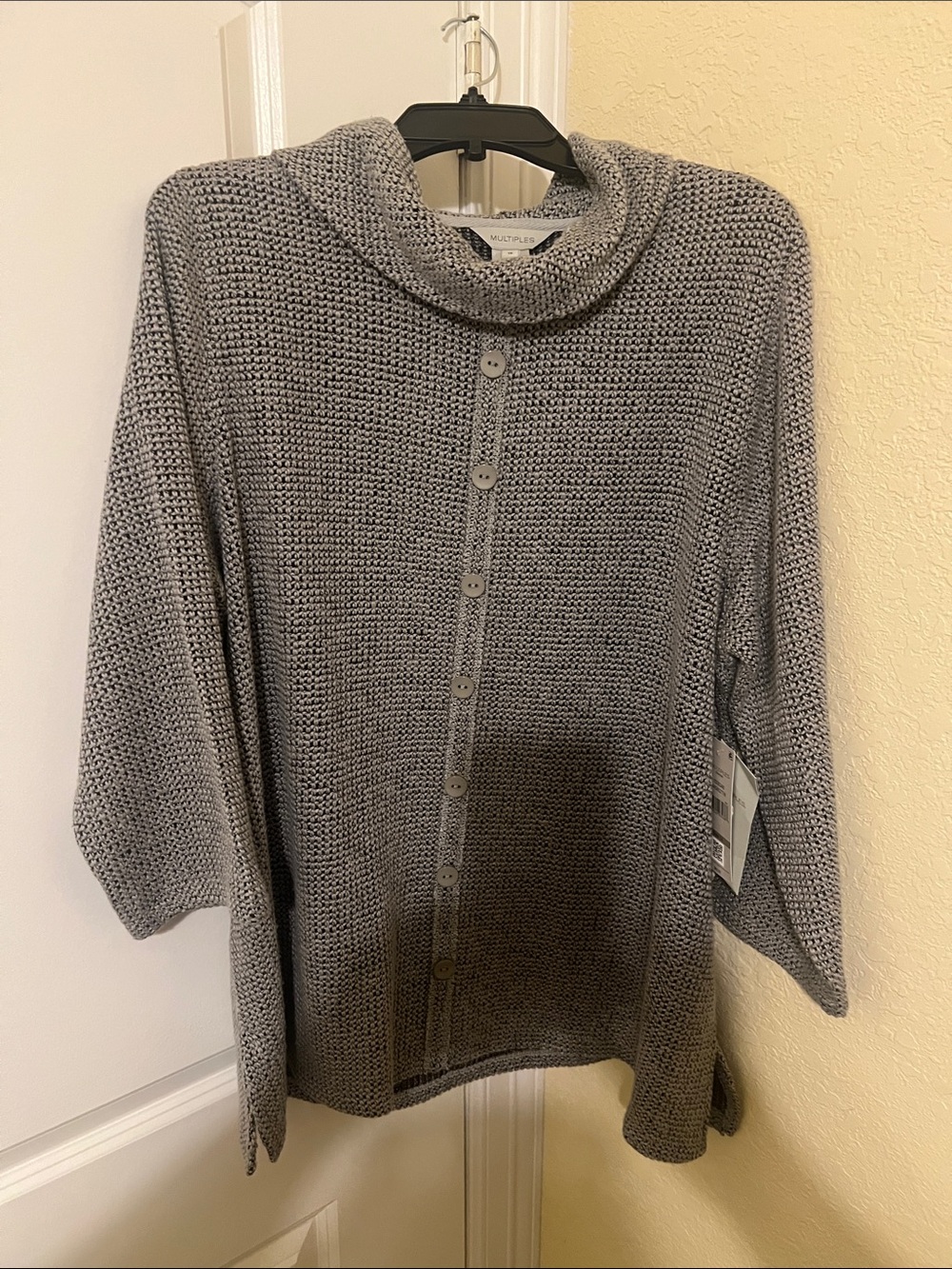 Multiples Gray Button-Front Cowl Neck Sweater